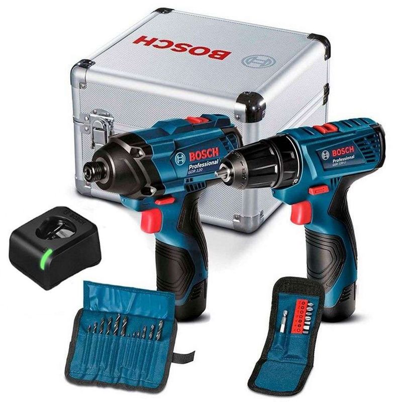 Combo-12V-Bosch-Chave-de-Impacto-GDR-120-LI---Parafusadeira-GSR-120-LI---2-Baterias---Carregador-BIVOLT---Kit-de-Acessorios-em-Maleta-de-aluminio