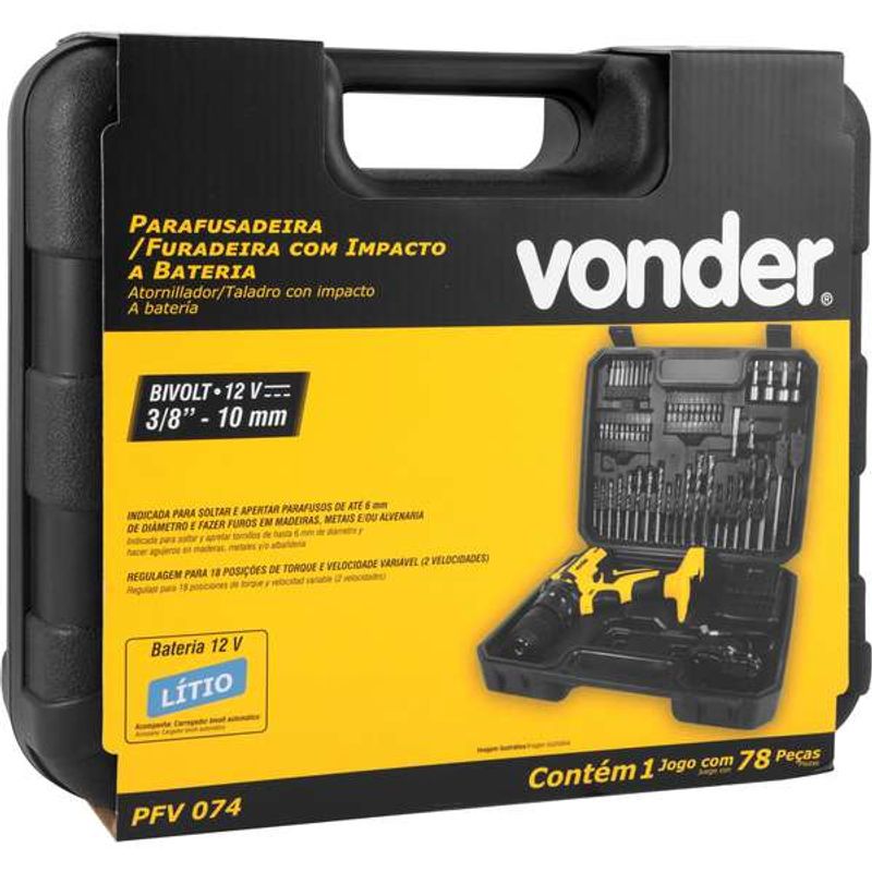 Parafusadeira-Furadeira-a-Bateria-Vonder-3-8--PFV-074-12V-Carregador-Bivolt-Automatico-Jogo---74-Pecas