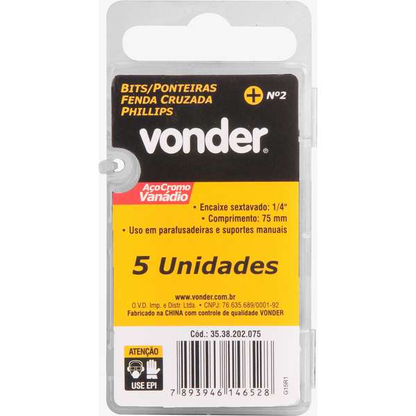 Bits-Ponteira-Phillips-Vonder-com-Encaixe-1-4--Nº-2-X-75-mm-Cartela-com-5-Pecas