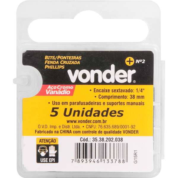 Bits-Ponteira-Phillips-Vonder-com-Encaixe-1-4--Nº-2-X-38-mm-Cartela-com-5-Pecas