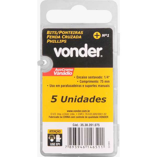 Bits-Ponteira-Phillips-Vonder-com-Encaixe-1-4--Nº-1-X-75-mm-Cartela-com-5-Pecas