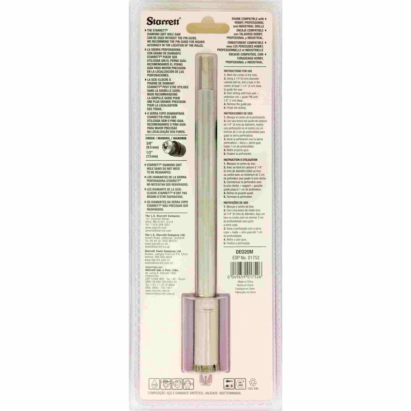 Serra-Copo-Starrett-DE020M-com-Arestas-Revestidas-com-Po-Diamantado-20mm-25-32--com-Haste-De-150mm-6-